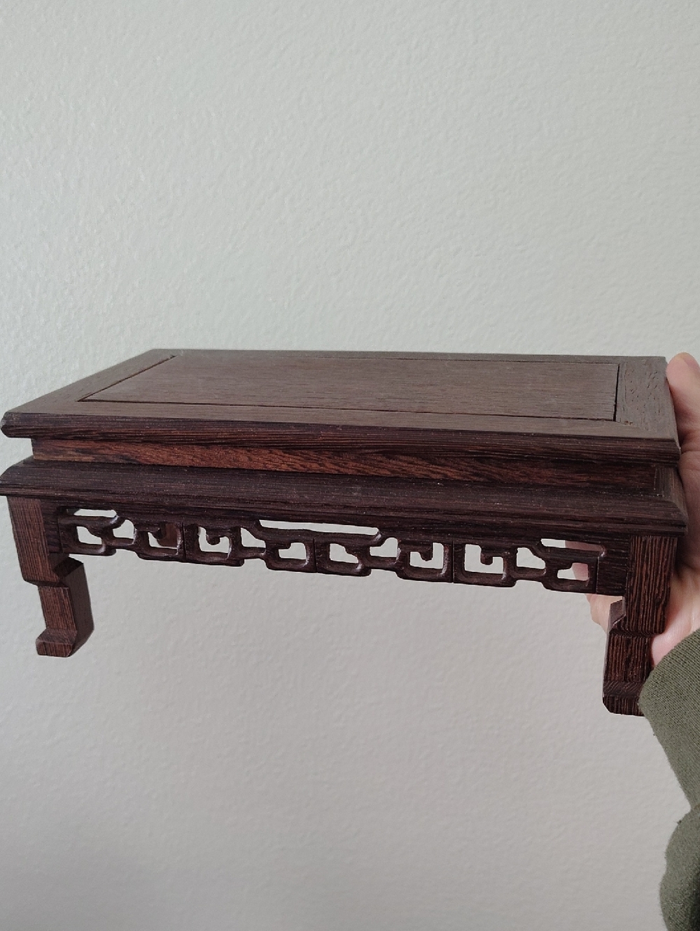 Wooden Riser Stand with Intricate Carved Detail Dark Brown Vintage Wood